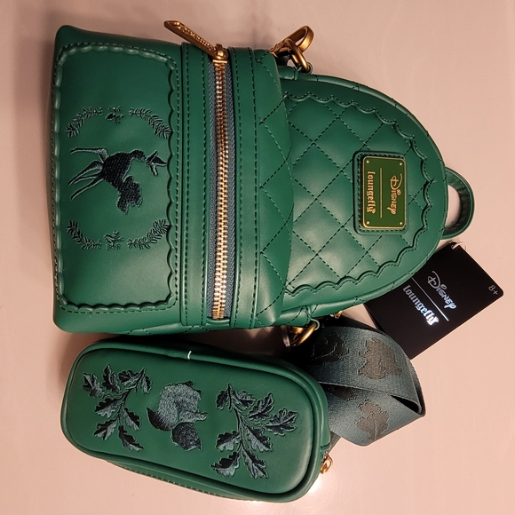 Bambi Loungefly X Disney Green Quilted Pattern Crossbody Sling Matching Coin Bag - Picture 12 of 16
